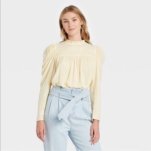 Long Sleeve Pintuck Top with Puff Sleeves